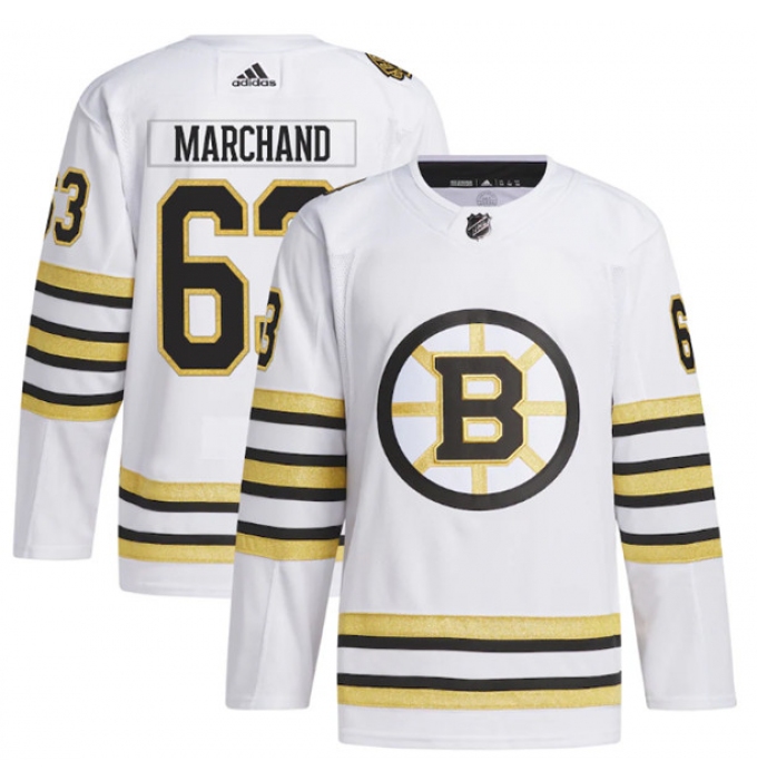 Men's Boston Bruins #63 Brad Marchand White 100th Anniversary Primegreen Stitched Jersey