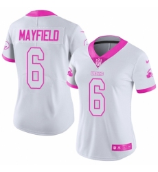 Women's Nike Cleveland Browns #6 Baker Mayfield Limited White Pink Rush Fashion NFL Jersey