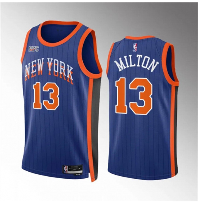 Men's New Yok Knicks #13 Shake Milton Blue 2023-24 City Edition Stitched Basketball Jersey