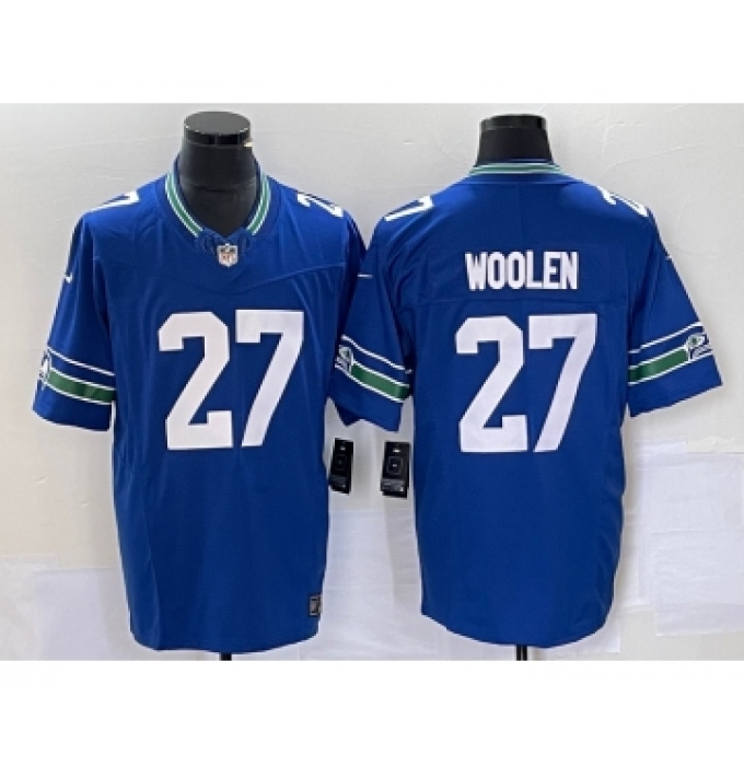 Men's Nike Seattle Seahawks #27 Tariq Woolen Blue 2023 FUSE Vapor Limited Throwback Stitched Jersey