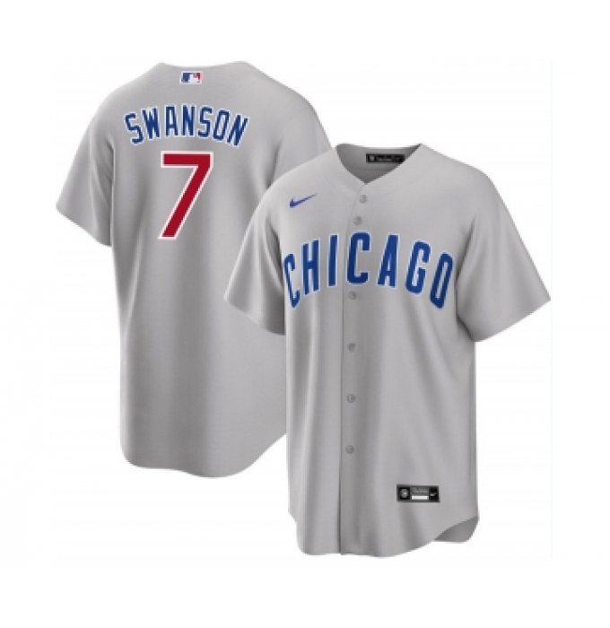 Men's Nike Chicago Cubs #7 Dansby Swanson Gray Cool Base Stitched Baseball Jersey
