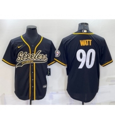 Men's Pittsburgh Steelers #90 TJ Watt Black With Patch Cool Base Stitched Baseball Jersey