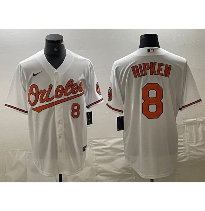 Men's Baltimore Orioles #8 Cal Ripken Jr Number White Cool Base Stitched Jersey