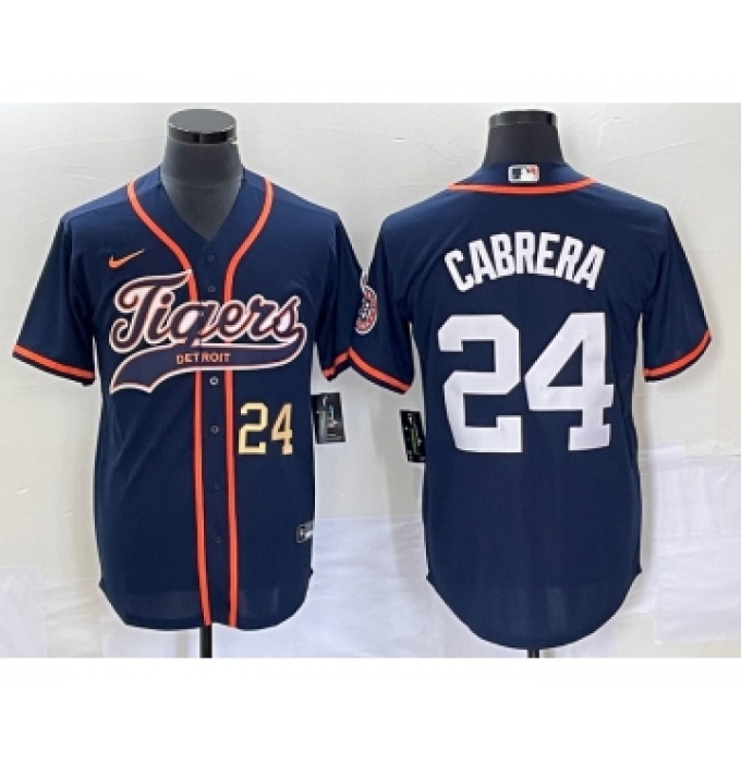 Men's Detroit Tigers #24 Miguel Cabrera Number Navy Blue Cool Base Stitched Baseball Jersey
