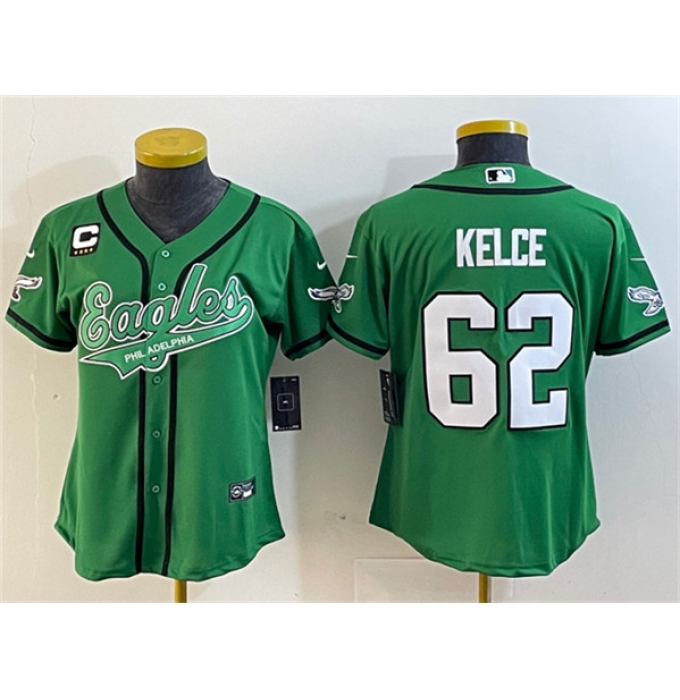 Women's Philadelphia Eagles #62 Jason Kelce Green With 4-Star C Cool Base Stitched Baseball Jersey